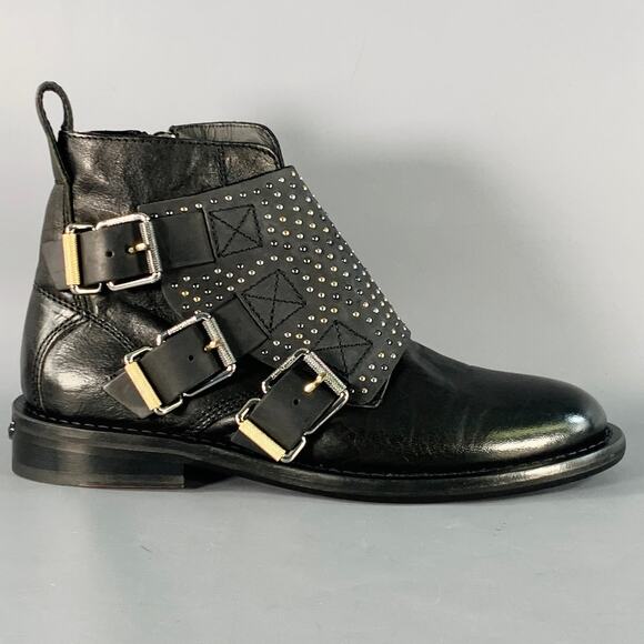 ZADIG & VOLTAIRE 8 Laureen Flap Black Studded Leather Belted Side Zipper Boots - Picture 2 of 10